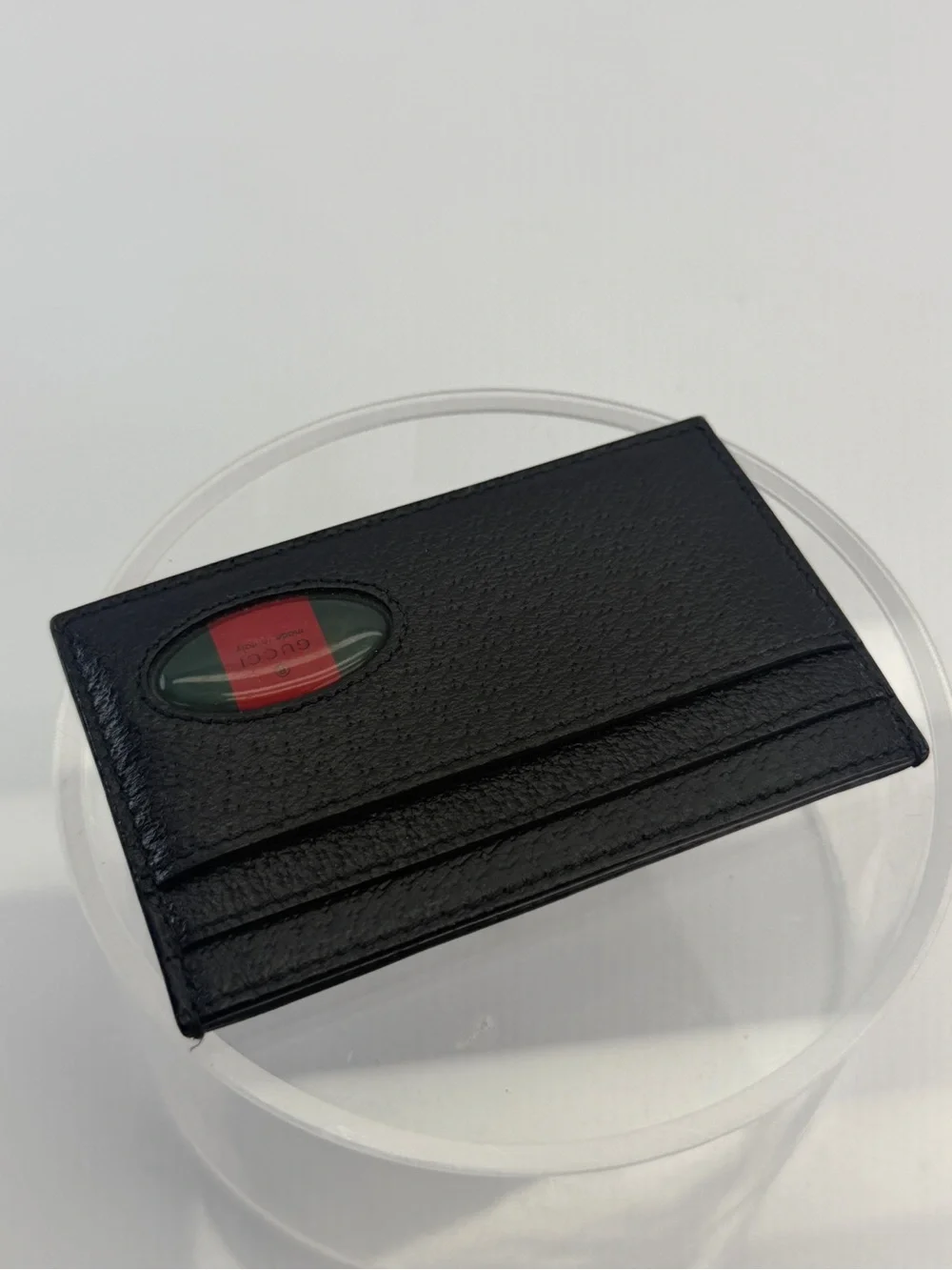 Gucci Black Leather ID Card Case Signature Stripe Window